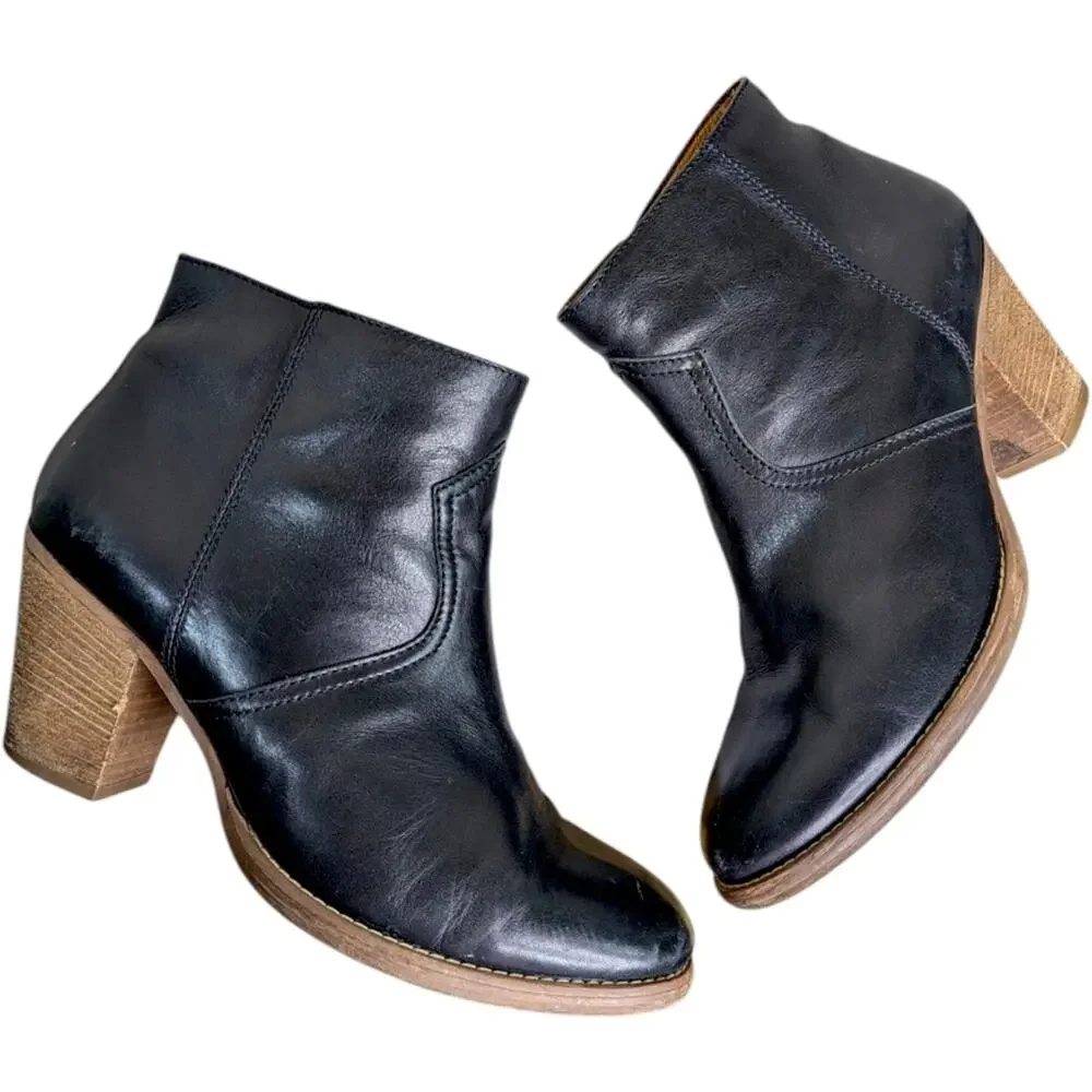 Madewell 1937 Winston Ankle Boots 10 Black Leather Heeled Booties Side Zipper